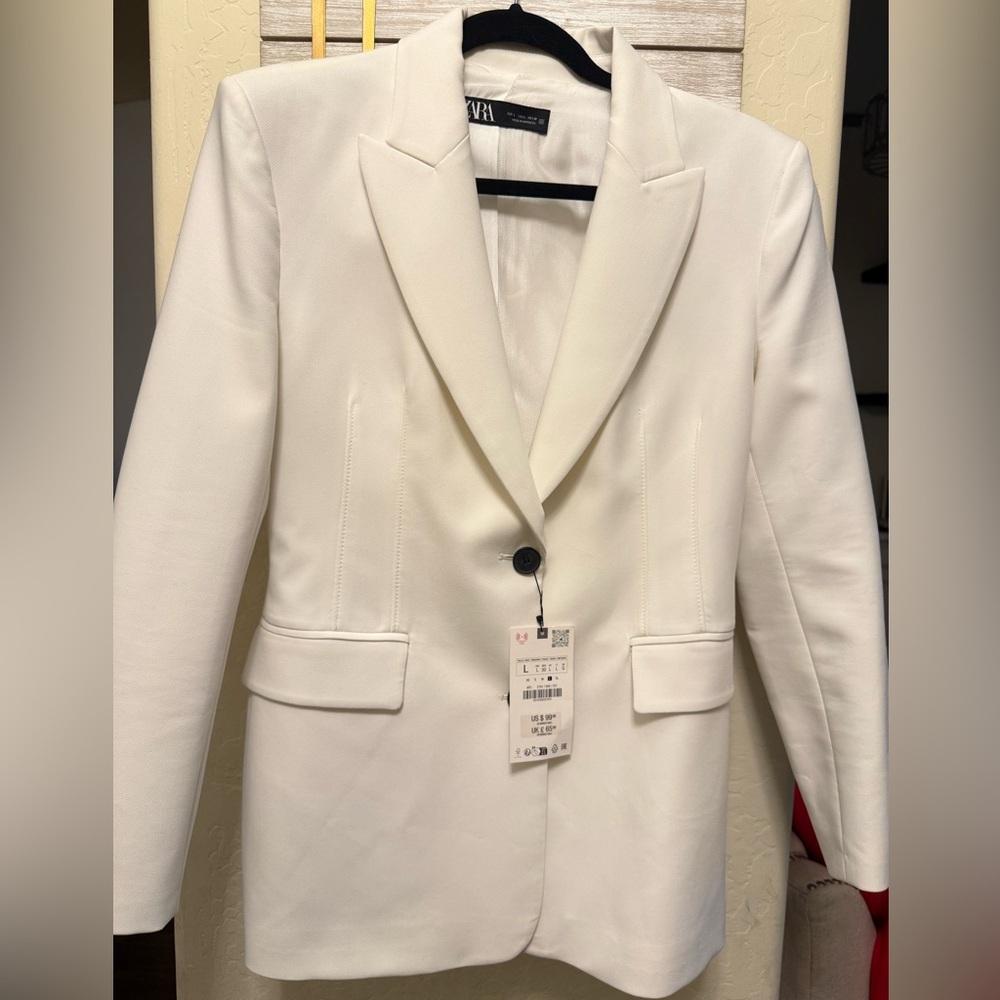 ZARA SIZE LARGE NWT FITTED SHOULDER PAD BLAZER Oyster-white - Picture 7 of 12